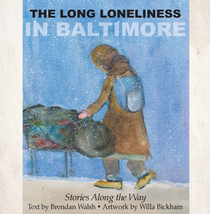 Cover of The Long Loneliness in Baltimore, painting of a person with a backpack looking down on a blue and off-white background
